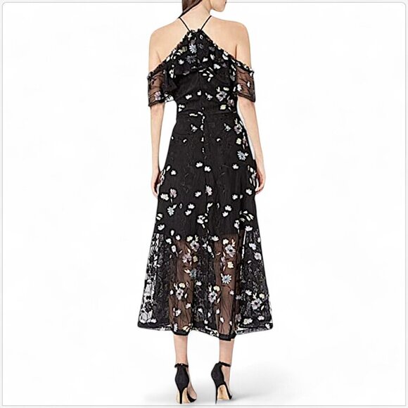 Monique Lhuillier Black Lace Embroidered Mesh Cold Shoulder Midi Dress NWT New 2 - Picture 2 of 9